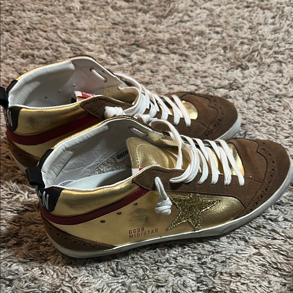 Golden Goose Mid Star Sneakers in Gold and Brown Suede